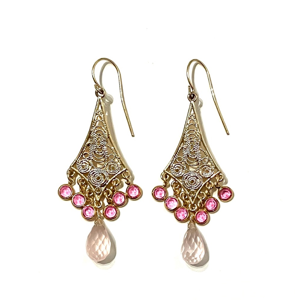 Light Gold Tone Pink Crystal Rose Quartz Chandelier Earrings